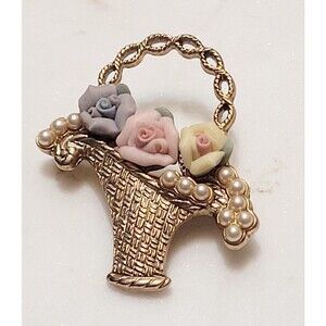 Jewelry Co. Brooch Porcelain Rosette Pearls Basket Pin  Vintage Mid Century 1928